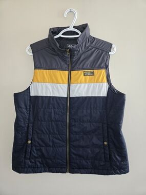 L.L.Bean Mountain Classic Colourblock  Navy Puffer Vest, Yellow & White Stripe